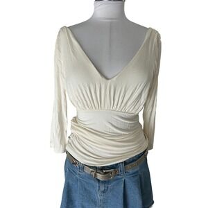 Cabi Long Sleeve Top Medium Cream Ruched V-Neck 968